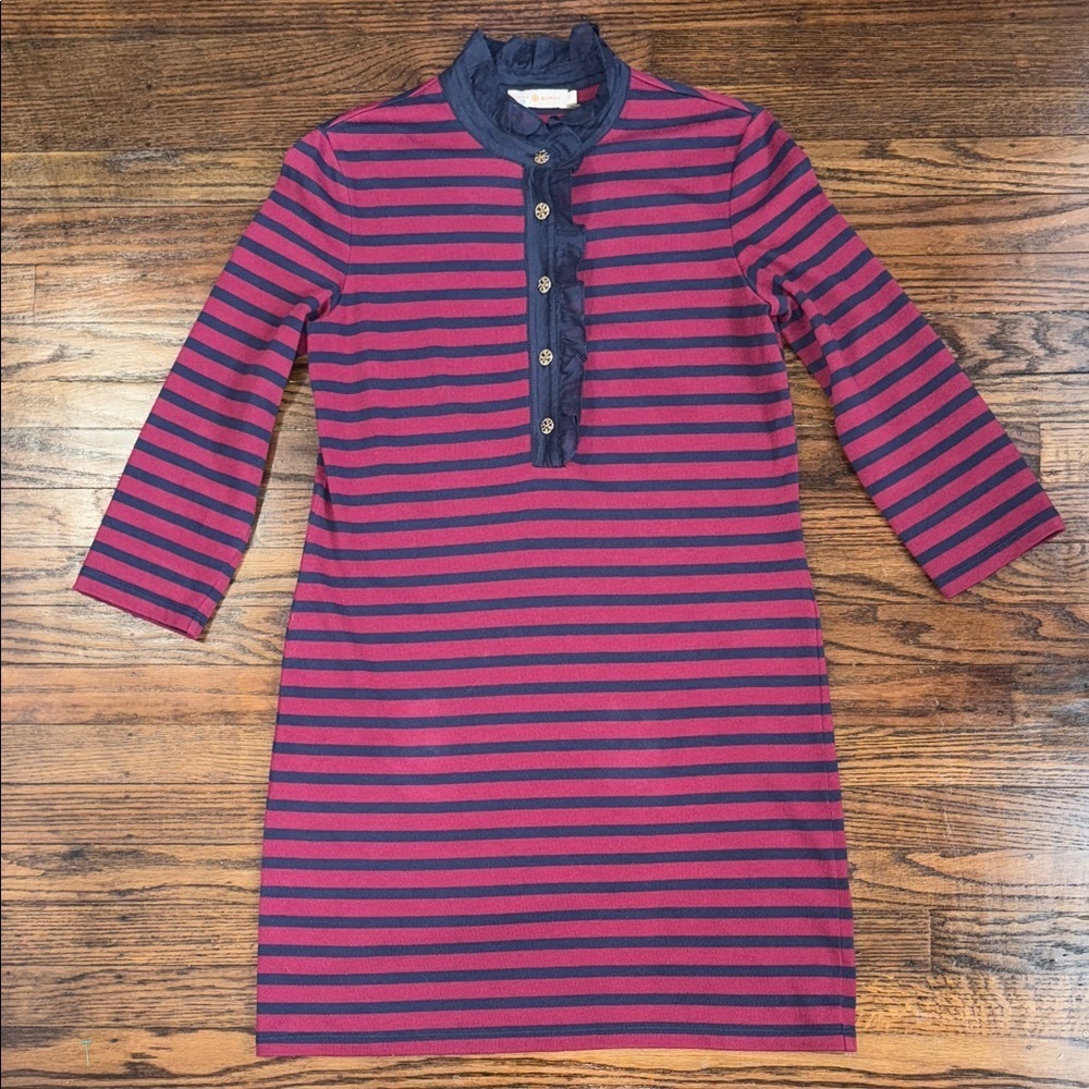 Tory Burch Striped Cotton Shift Dress Red Navy Ruffle Neck Logo Buttons Size S - Picture 7 of 11